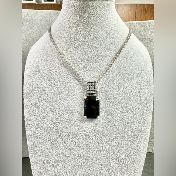 Swarovski Large Black Emerald crystal Cut Silver Tone Pendant Necklace